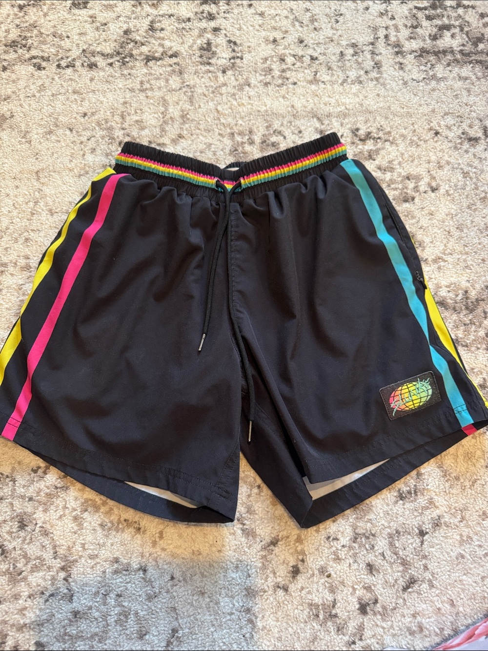 Men's Black Slunks Sand lined Volleyball Shorts with Rainbow Trim - XS